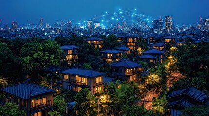 Obraz premium A nighttime cityscape showcasing illuminated homes against a vibrant urban skyline.