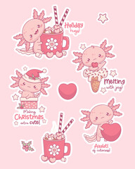 Cute pink holiday Axolotl sticker. Christmas funny Santa, festive animal valentine and sweet character with ice cream and cup Hot Cocoa with Marshmallow. Isolated Vector illustration. Kids collection