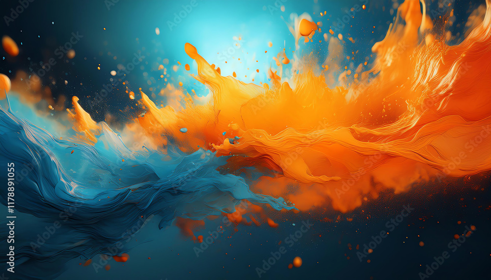 Poster a vibrant splash of orange and blue colors creating a mesmerizing underwater scene with dynamic flui