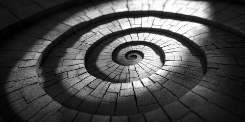 Fototapeta premium Explore the captivating beauty of an intricate spiral design created with gray stone blocks, highlighting the interplay of light and shadow.