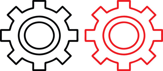 Minimalist gear illustration, black and red cogs, interlocking gears, simple mechanical design, clean lines, bold colors, industrial symbolism, teamwork concept, efficiency icon, vector graphic style,