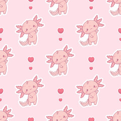 Seamless pattern with cute enamored Axolotl animal on light  pink background with heart. Funny Little cartoon kawaii character. Vector illustration. Romantic valentine backdrop.