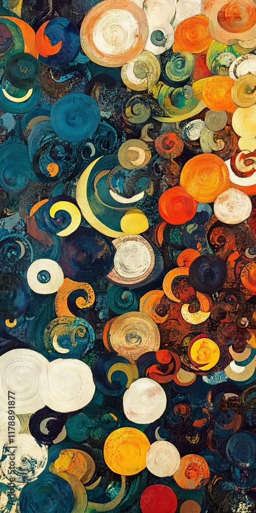 Poster a vibrant abstract artwork featuring colorful swirls and circles, creating a dynamic and energetic v