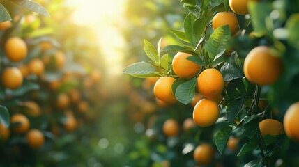 A citrus orchard filled with vibrant, ripe fruits, showcasing a rich harvest, lush greenery
