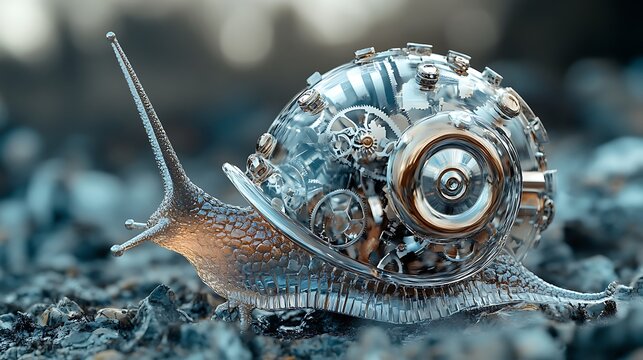 Mechanical snail crawling on dark ground, blurred background, representing slow progress.  Use Conceptual illustration.