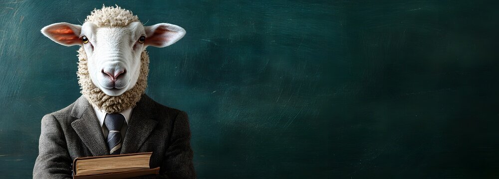 A sheep in a teacher is uniform, standing before a school blackboard with space for text