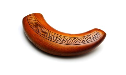 Carved wooden crescent object with intricate geometric patterns.