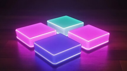 Fototapeta premium Neon Cubes Illuminate Dark Wooden Surface