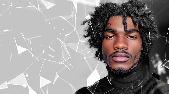 Looped background. Black male model thin aquiline nose long curly hair. Black man. Wow trends. Fashion. Elegant man. Fatal man. Looped effect. Looped particles. Looped animation. Generated AI.