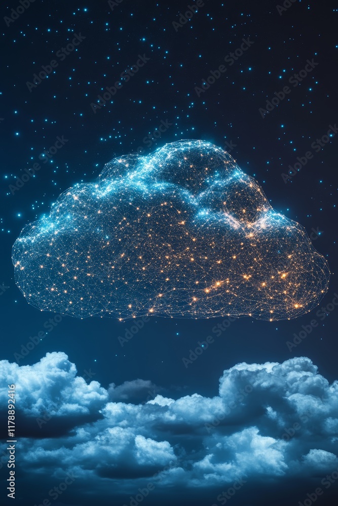 Poster abstract conceptual representation of cloud data network with connections in night sky