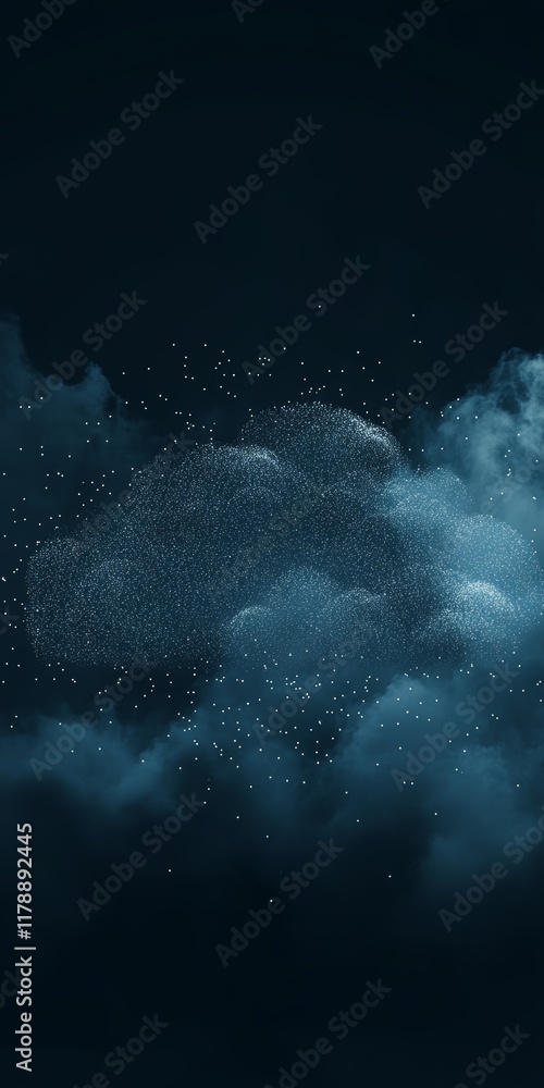 Poster this abstract image features a cloud composed of small dots set against a dark background, represent