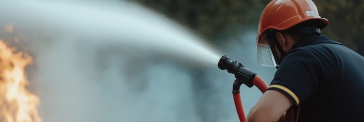 Firefighter sprays water on flames, demonstrating firefighting techniques and safety measures today.