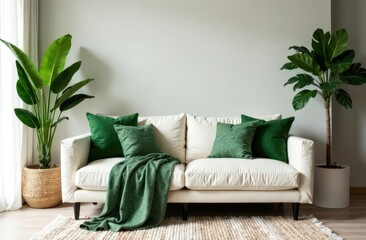 Naklejka premium A modern living room styled with eco-friendly snake print throw blankets and matching green cushions on a cream sofa