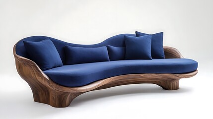 Modern sculpted sofa, blue fabric, wooden base, minimalist background, interior design.