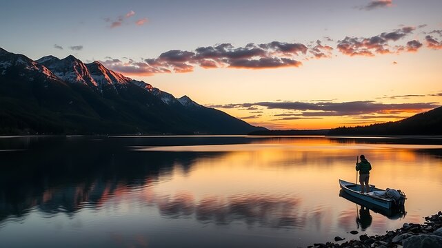 Serene sunset over mountain lake: a lone angler peacefully fishes from a small boat, enjoying the tranquil beauty of the alpine scenery at golden hour.