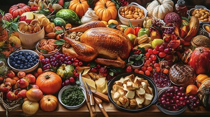 Fototapeta premium A festive spread featuring a roasted turkey surrounded by various fruits and vegetables.