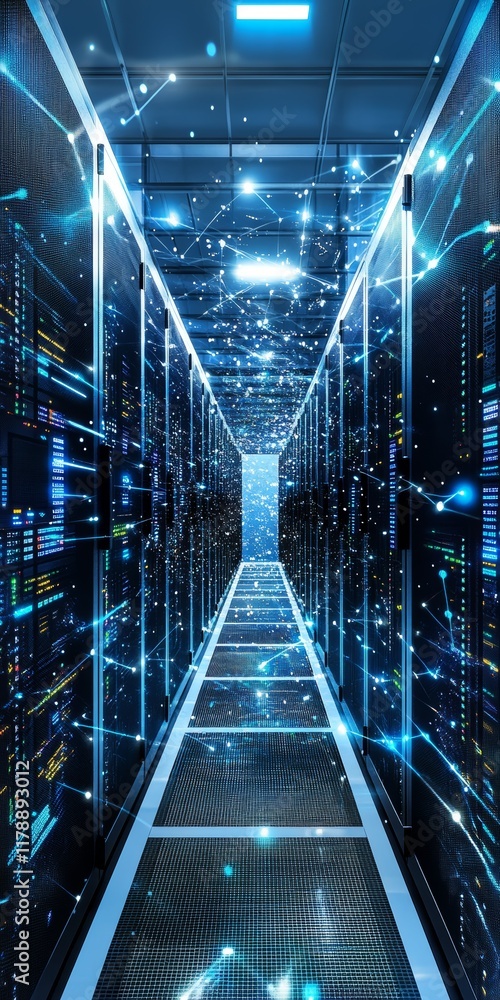Poster explore a futuristic digital network room that showcases advanced technology and vibrant data flow i