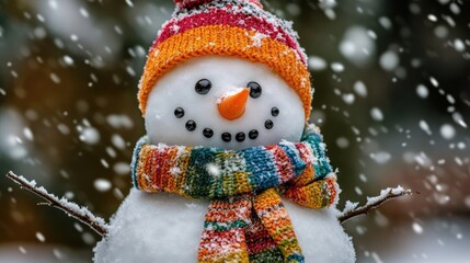 A close-up of a snowman adorned with a colorful scarf and carrot nose, surrounded by softly falling snow.