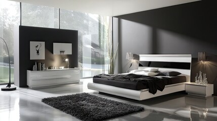 Modern Minimalist Bedroom Interior Design: Sleek White Bed, Black Accents, and Large Windows