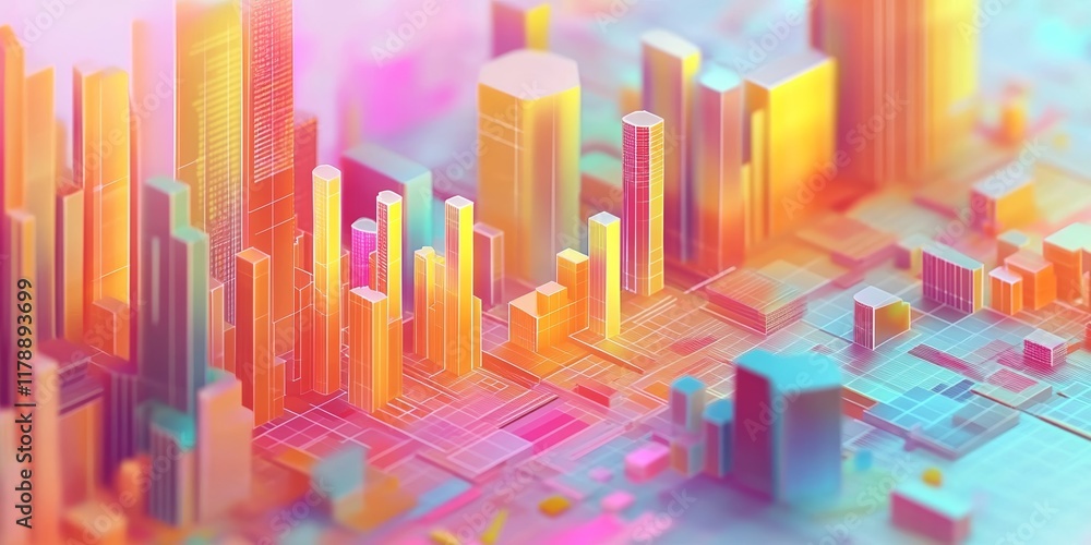 Poster vibrant isometric cityscape with 3d data visualization and technology streams in bright colors