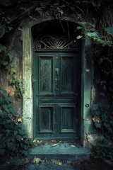 This image features a weathered green door enveloped by lush ivy, creating a mysterious and enchanting atmosphere. Perfect for themes of nature and history.