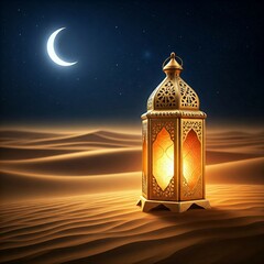 Golden lanterns shine brightly at night in the middle of the desert