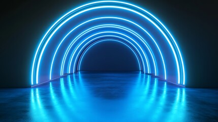 Neon archway tunnel, futuristic, glowing, reflective floor, abstract background, for tech design.