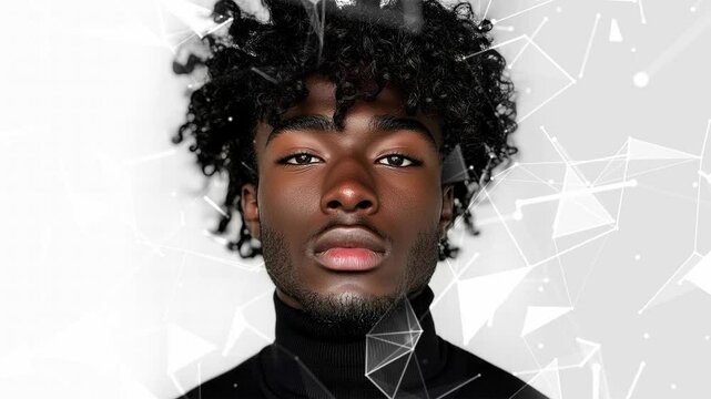 Looped background. Black male model thin aquiline nose long curly hair. Black man. Wow trends. Fashion. Elegant man. Fatal man. Looped effect. Looped particles. Looped animation. Generated AI.