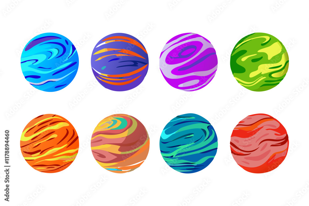 Poster detailed vector set of colorful planet icons with unique and playful designs.