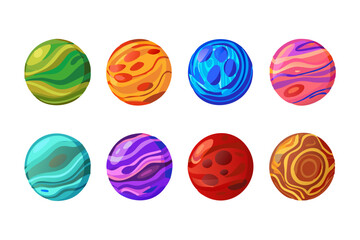 Unique and vibrant planet icons in a playful and artistic vector design collection.  
