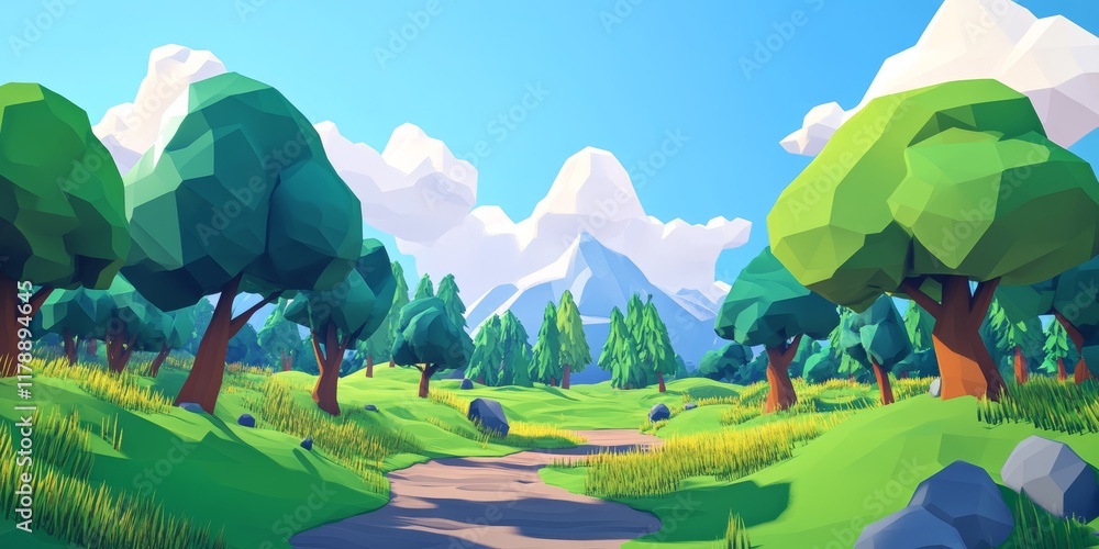 Poster a computer generated image of a forest with a path leading through it. the trees are large and green