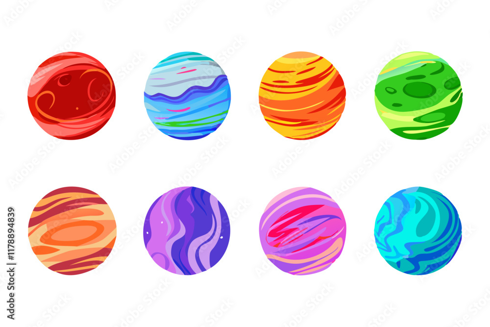 Poster playful and artistic vector set of colorful planet icons with unique details.