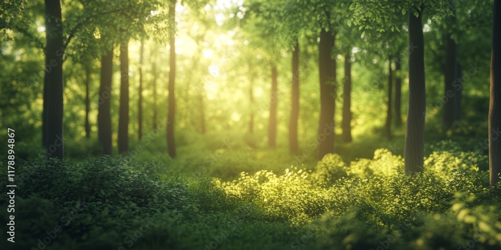 Poster a forest with trees and grass. the sun is shining through the trees, creating a warm and peaceful at