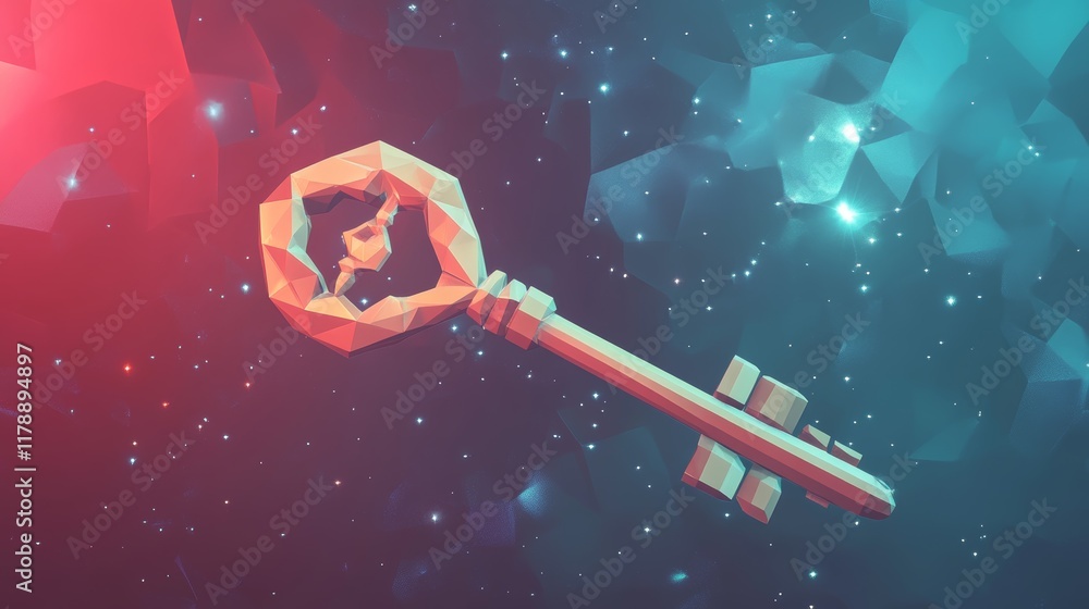 Poster a key is shown in a space background with a blue and red color scheme. the key is made of wood and h