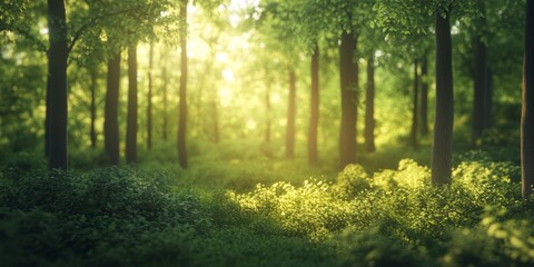 Obraz premium A forest with trees and grass. The sun is shining through the trees, creating a warm and peaceful atmosphere