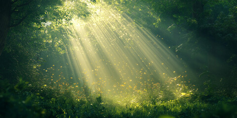 Fototapeta premium Dramatic sunlight piercing through lush forest canopy nature scene serene environment enchanted viewpoint magical concept for serenity
