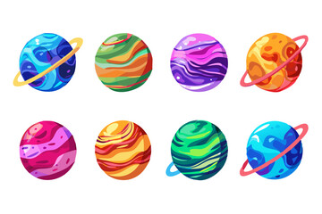Colorful planet icons in a stylish and detailed vector illustration collection.  
