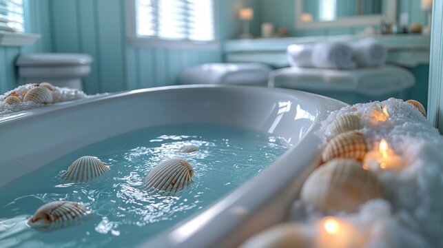Serene Bathroom Scene with Seashells and Floating Candles in Relaxing Water