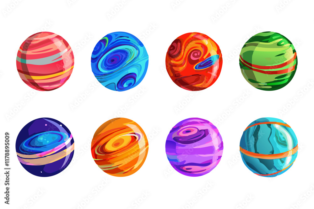 Poster stylish collection of colorful planet icons in vibrant vector illustrations.