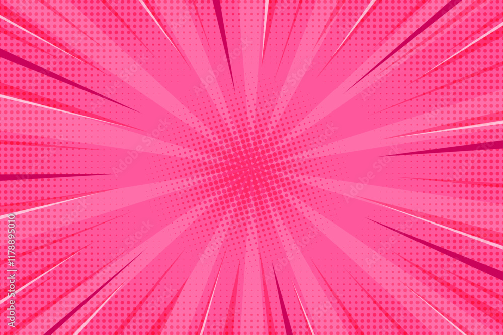 Poster comic book abstract pink background with starburst pattern. pop art radial rays of explosion with ha
