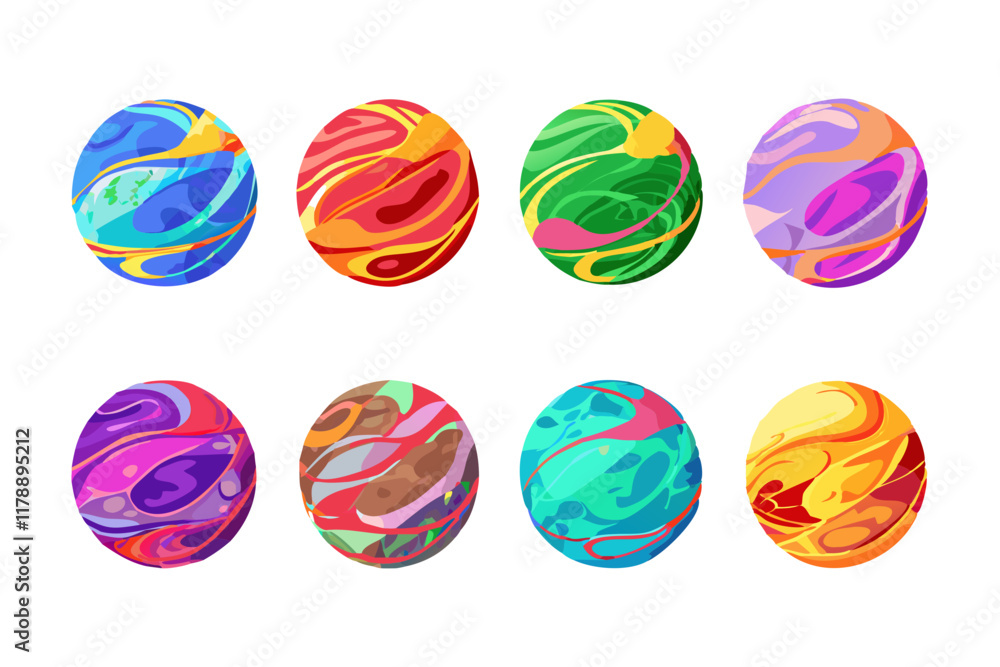Poster futuristic and dreamy fantasy planets floating in deep space with glowing effects.