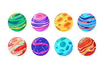 Colorful fantasy planets with glowing atmospheres and surreal landscapes in space.  
