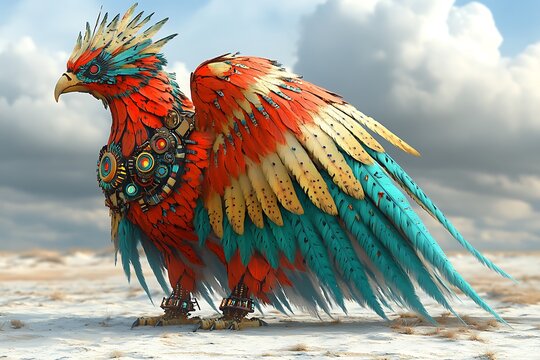 A Mechanical Bird of Prey with Vibrant Feathers