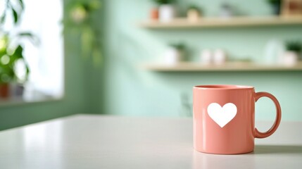 Closeup of coral pink coffee mug with heart symbol at home