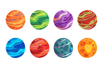 A vibrant set of planet illustrations featuring celestial bodies with unique textures and colors for space-themed designs.