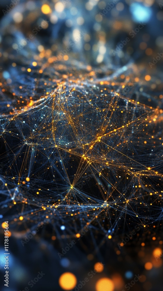Poster surreal interpretation of floating network nodes with bright colors and intricate connections in a d