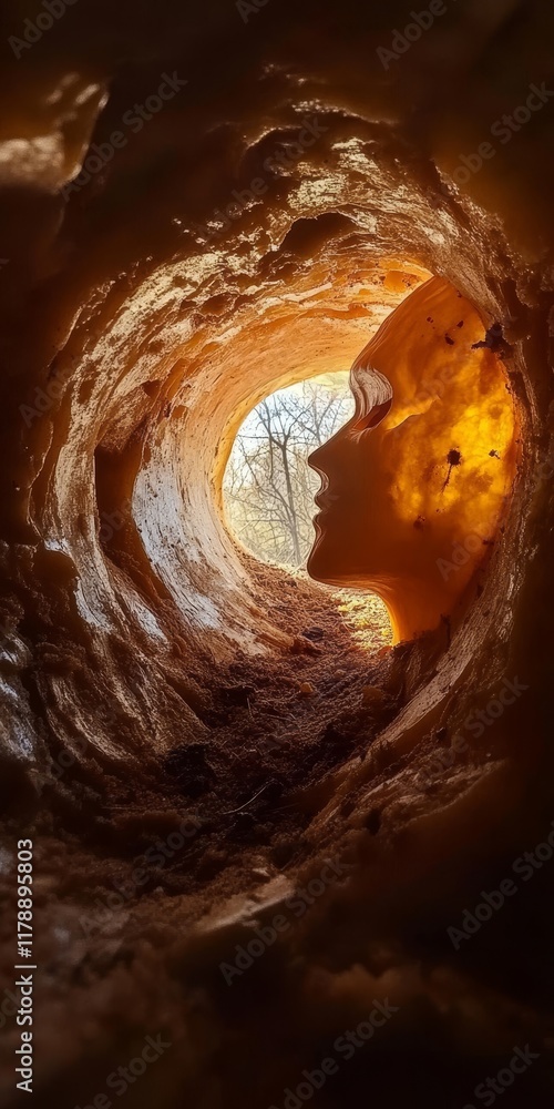 Aufkleber a striking surreal image capturing a sculpted face within a clay tunnel, illuminated by warm light. 