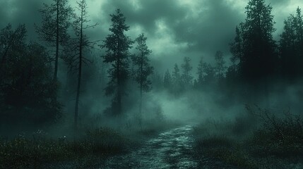 Misty forest path under stormy sky.
