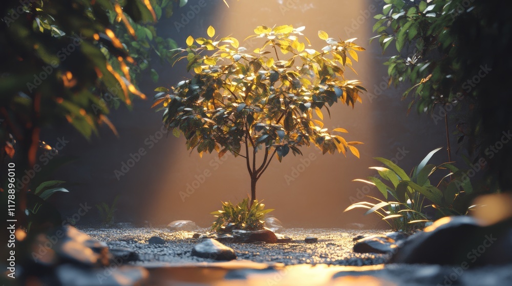 Poster a serene scene featuring a glowing tree surrounded by lush greenery, illuminated by soft light, crea