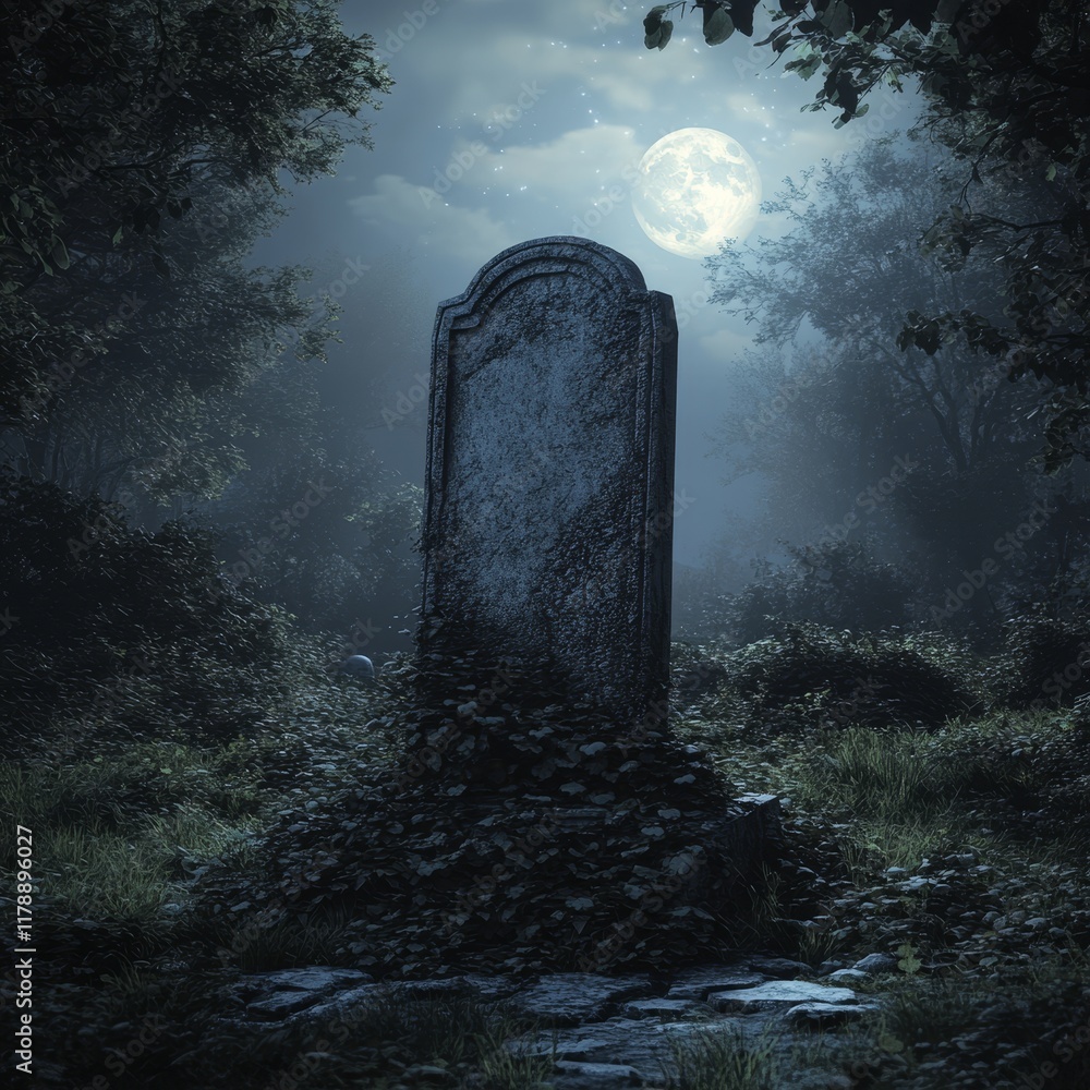 Poster an enchanting view of an old grave under a full moon, enveloped in fog and surrounded by trees. this